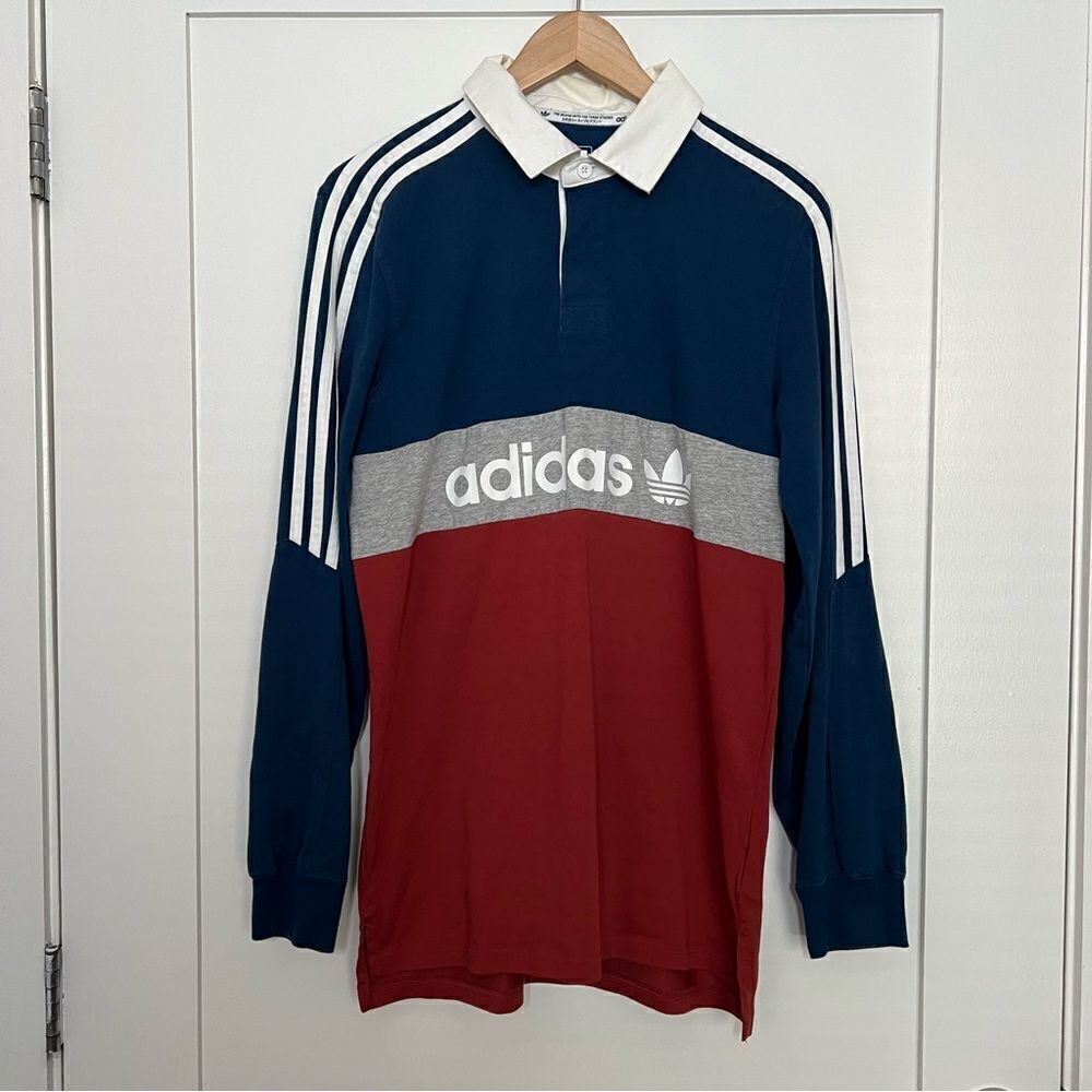 Adidas Polo Shirt Mens Size M 3-Stripes Long Sleeve Rugby Blue Red Gray